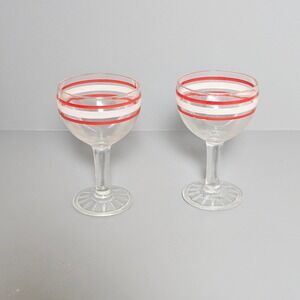 Vintage MCM Red Striped Cordial Glasses Set of 2 Frosted Band Stemware